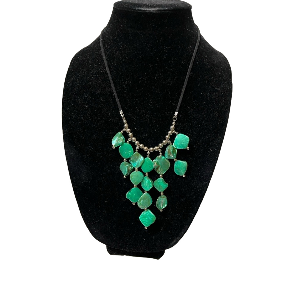 Elegant Faux Turquoise Green 7 row adjustable links black cord Necklace